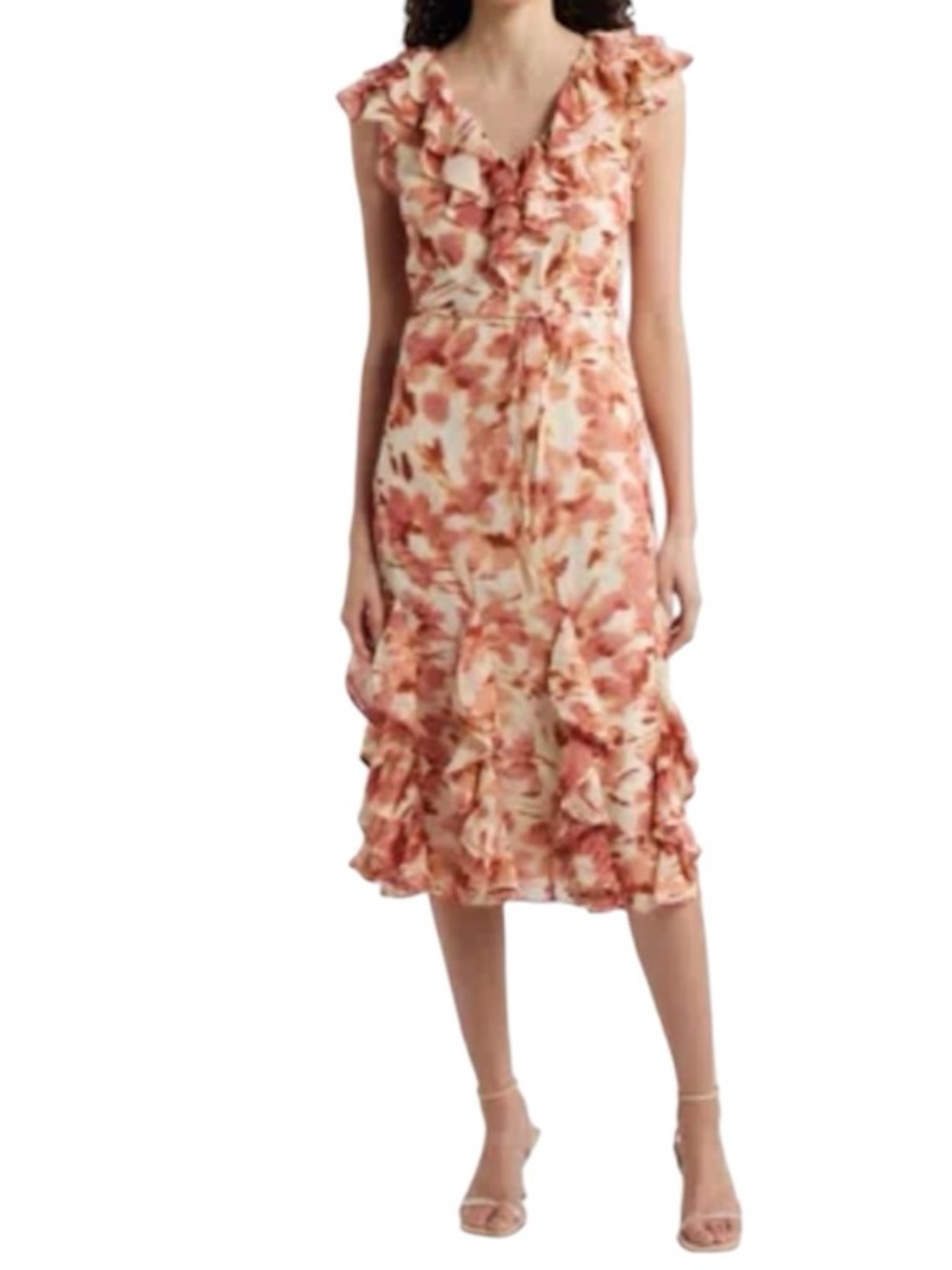 Nordstrom Chelsea 28 Floral Ruffle Midi Dress in Blush & Cream NEW Size XS